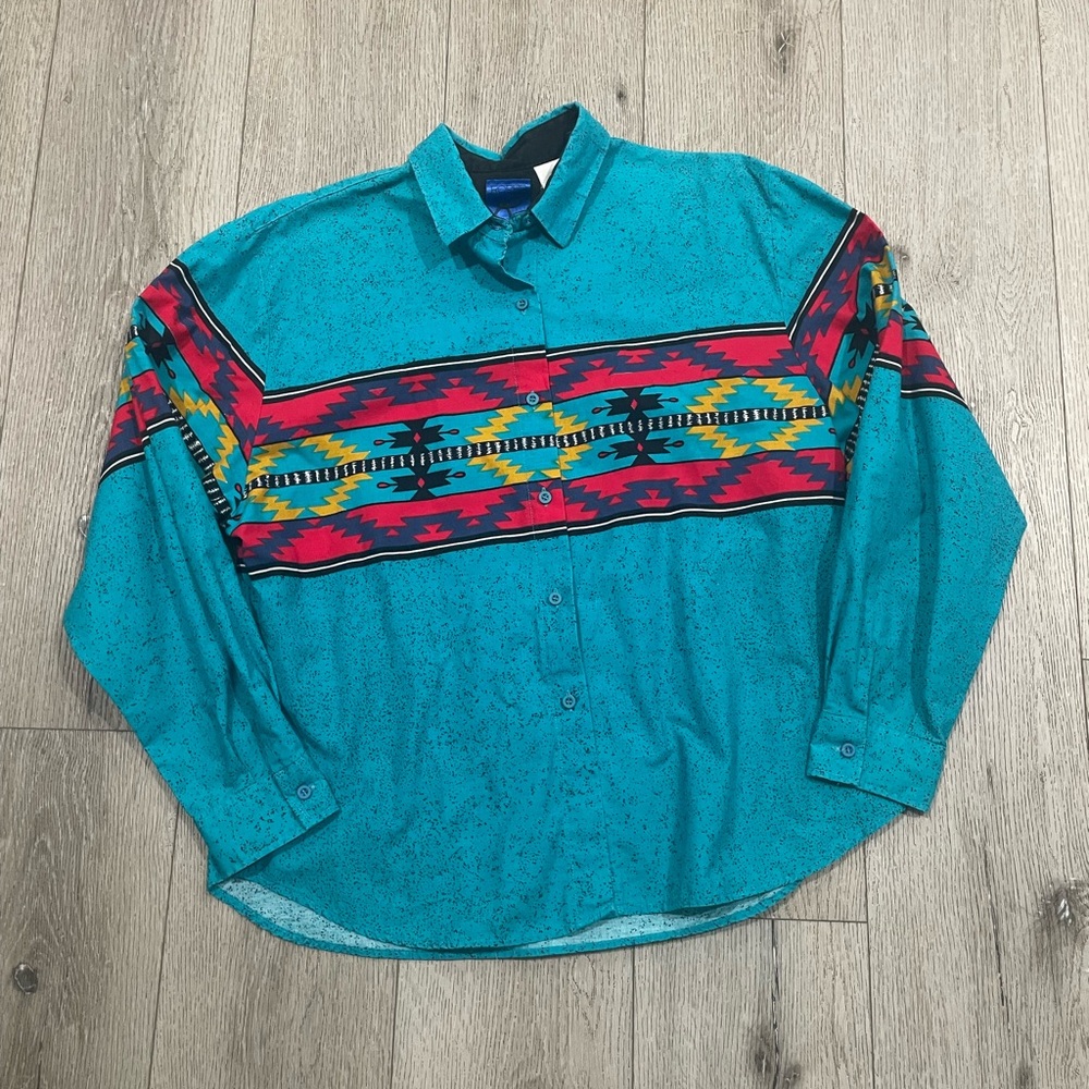 Vintage Roper Shirt Womens Large Blue Aztec Southwestern Western Rodeo Large